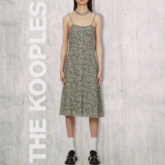 THE KOOPLES **NWT** Floral Print Spaghetti Strap Crepe Midi Dress - Picture 2 of 6